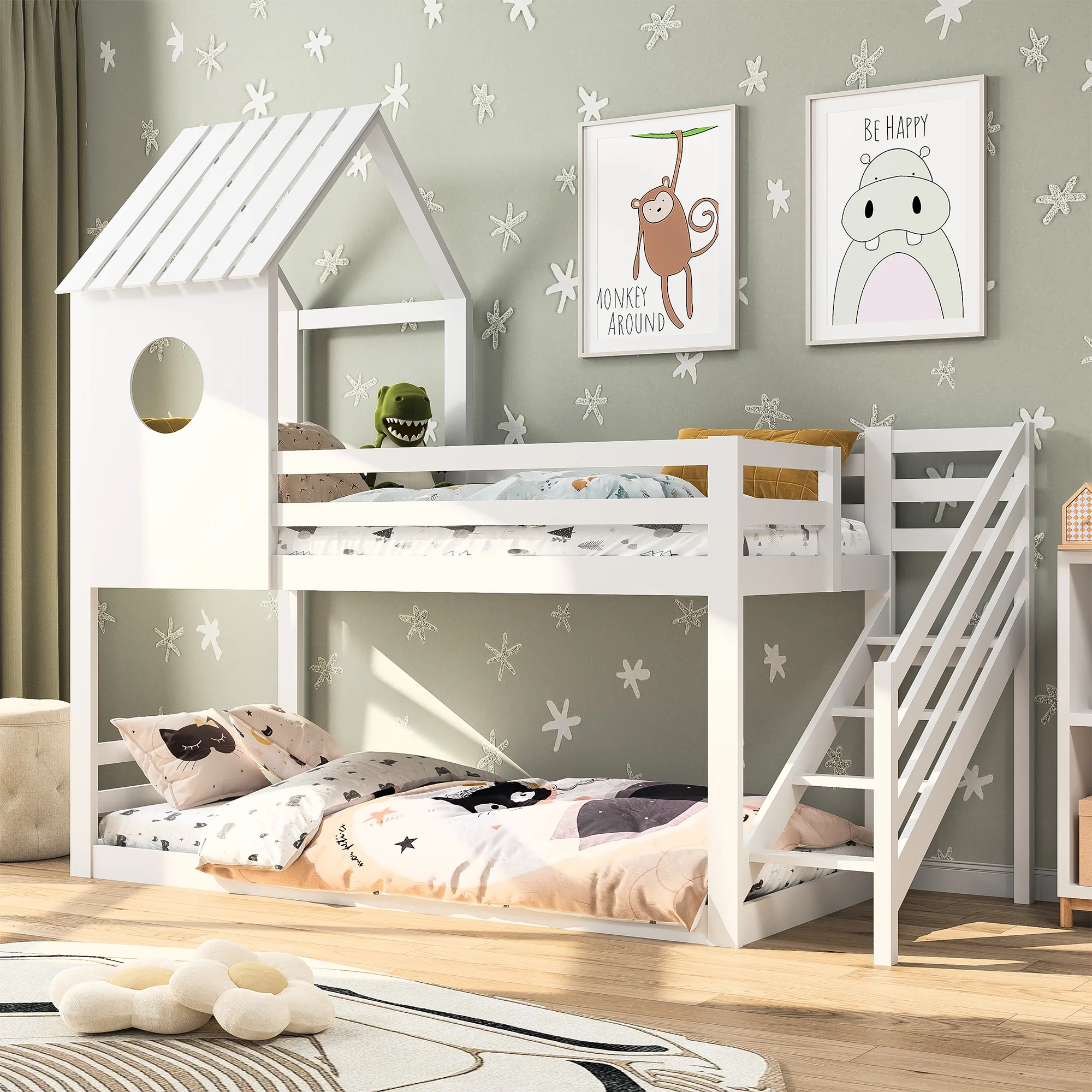 Bunk bed, bed with corner stairs, house bed, children's bed with fall protection, with window, frame made of pine - 200x90cm