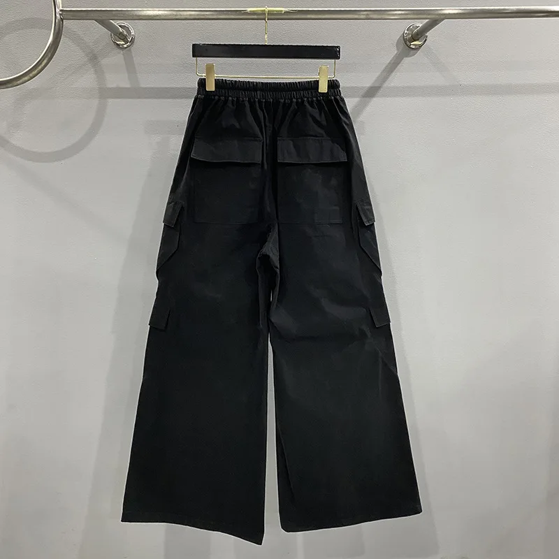 Calça preta de pernas largas masculina e feminina, roupa casual, bolsos grandes, perna larga solta, rua alta, Rick, 24ss