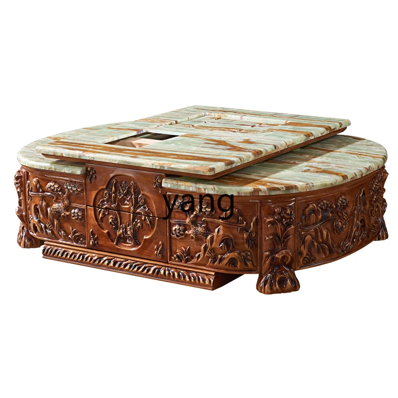 LH solid wood carving flower coffee table upscale hotel club large apartment living room natural marble tea table