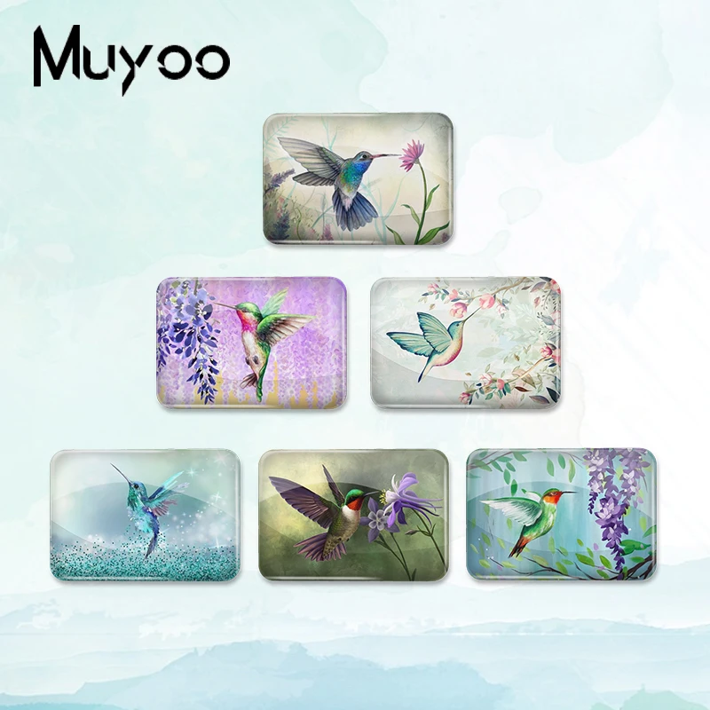 2023 New Hummingbird with Flowers Badge Brooch Birds Painting Rectangle Pin Bag Decoration Jewelry For Friends