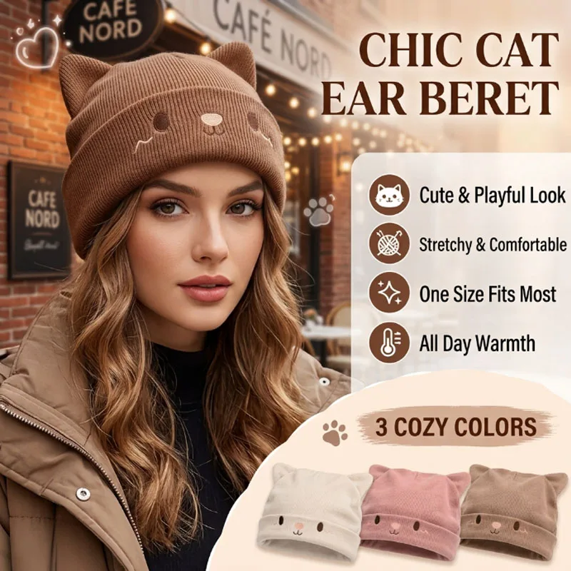 Fashion Cute Cat Pattern Beret Oversized Knitted Hat with 3D Cat Ears Winter Warm Elastic Beanie for Women Outdoor Gift