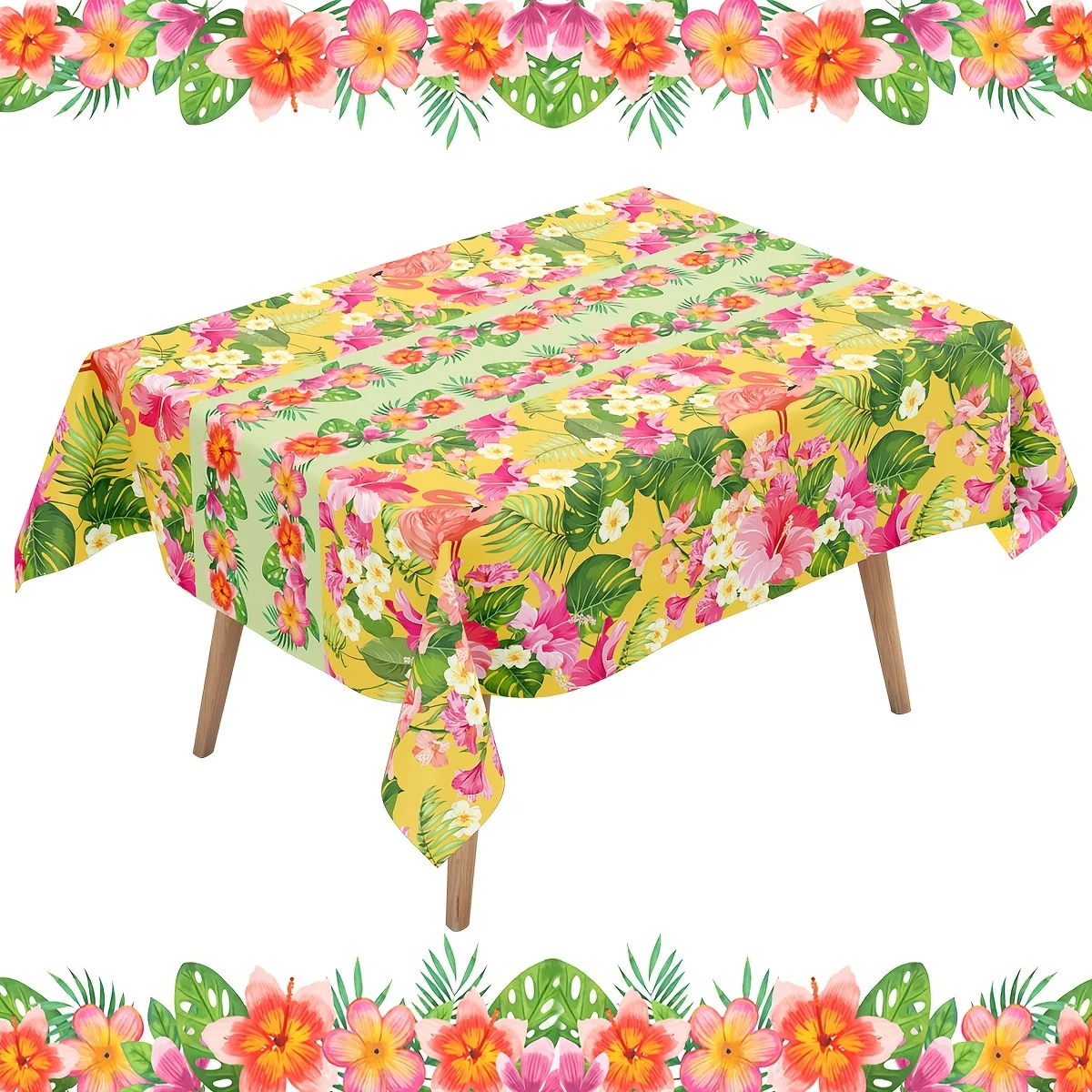 1pc, Tropical Flamingo And Hibiscus Print Disposable Tablecloth, 86.61 X 51.18inch, Hawaiian Luau PE Tablecover, Tablecloth for