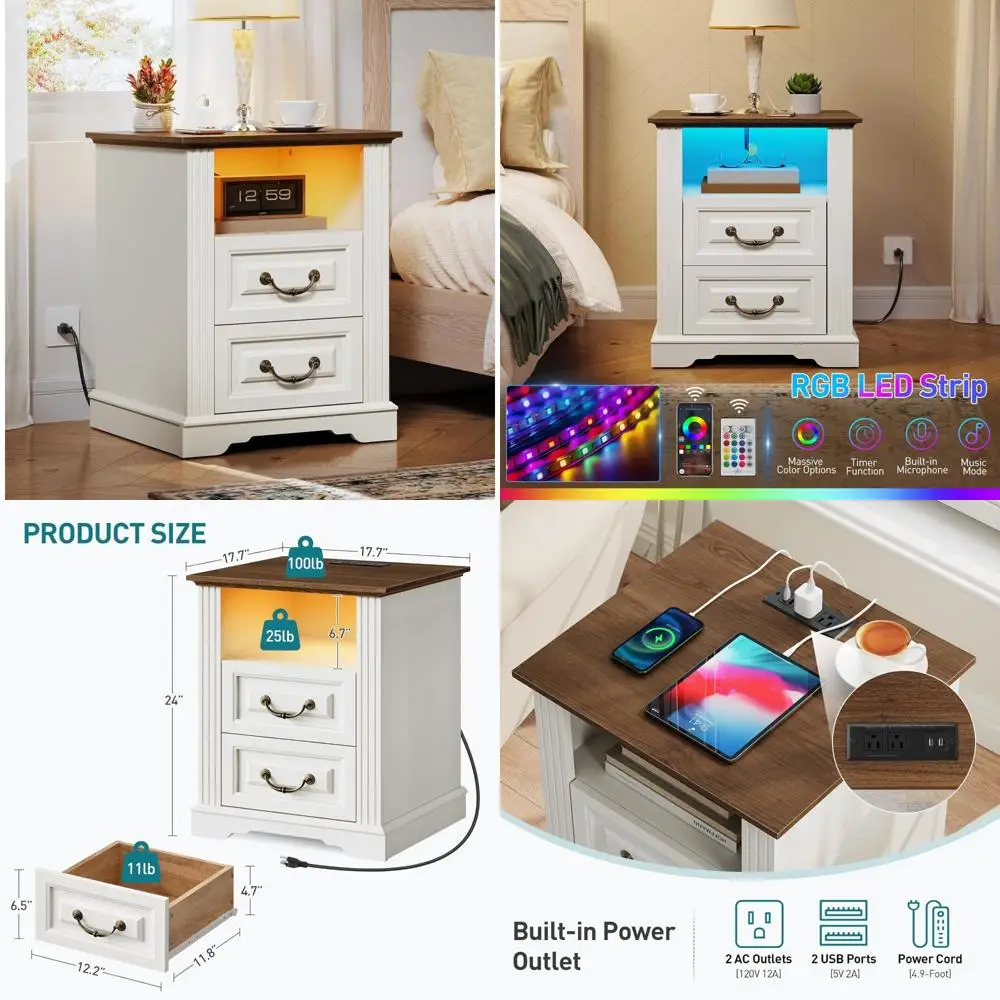rustic wooden nightstand with charging port, 2-drawer led-lit bedside table