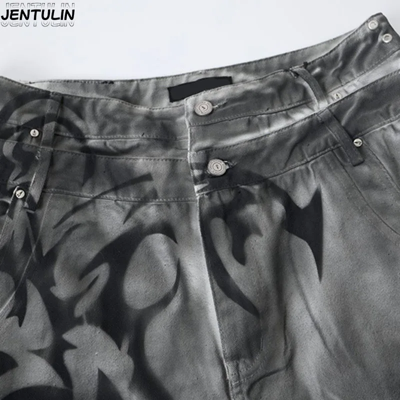 Dark Gothic Totem Spray Denim Shorts Double layered Waist Head Rivet Pointed Wide Leg Pentagram Pants High Street Trendy Brand