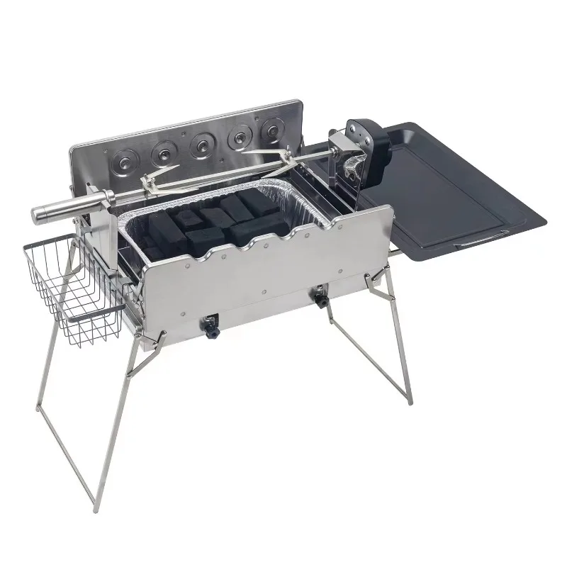 Folding Compact Portable Camping Home Travel Charcoal BBQ Grill with Electric Swing Skewers with EVA Bag