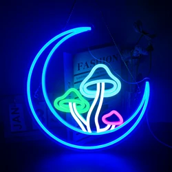 Moon Mushroom Neon Sign Moon Neon Signs for Wall Decor USB Dimmable Blue LED Signs Living Room Kids Room Home Bar Party Gift