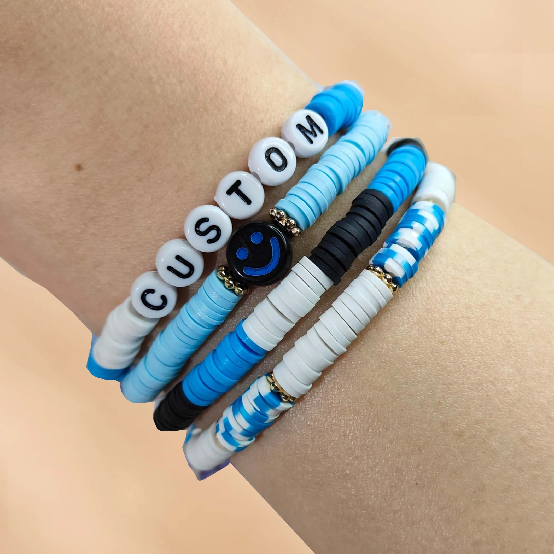 Customed Handmade Ocean Smile Bohemian Blue Soft Pottery Name Bracelet Jewelry For Women Girl Friends Gift