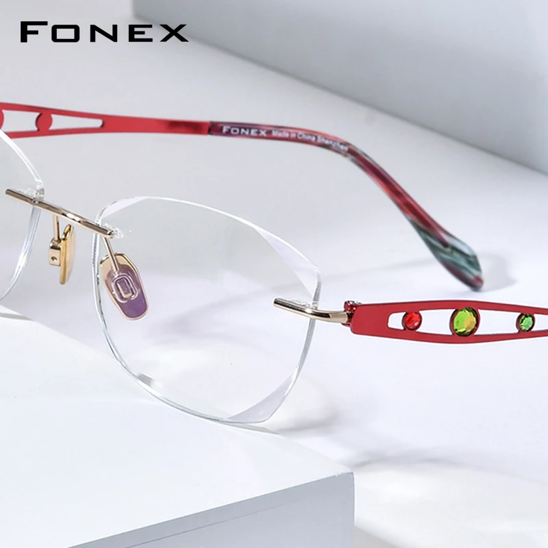 FONEX Pure Titanium Rimless Glasses Women Ultralight Brands Designer Elegant Diamond Luxury Eyeglasses Frameless Eyewear 6119