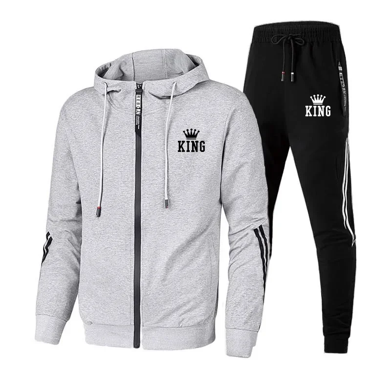 King Mens Tracksuit Suit Print Casual Zipper Hooded Jacket Coat+Sweatpants 2 Piece Set Autumn Winter Popular Jogging Clothing