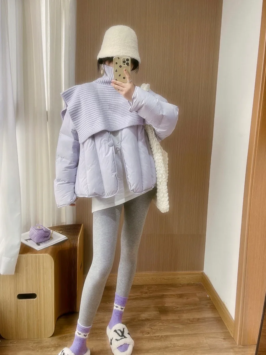 

Purple Knitted Scarf And awl Two-Piece Set Women's ort down Jaet Loose Fit Casual Sle Memory Fabric Polyester