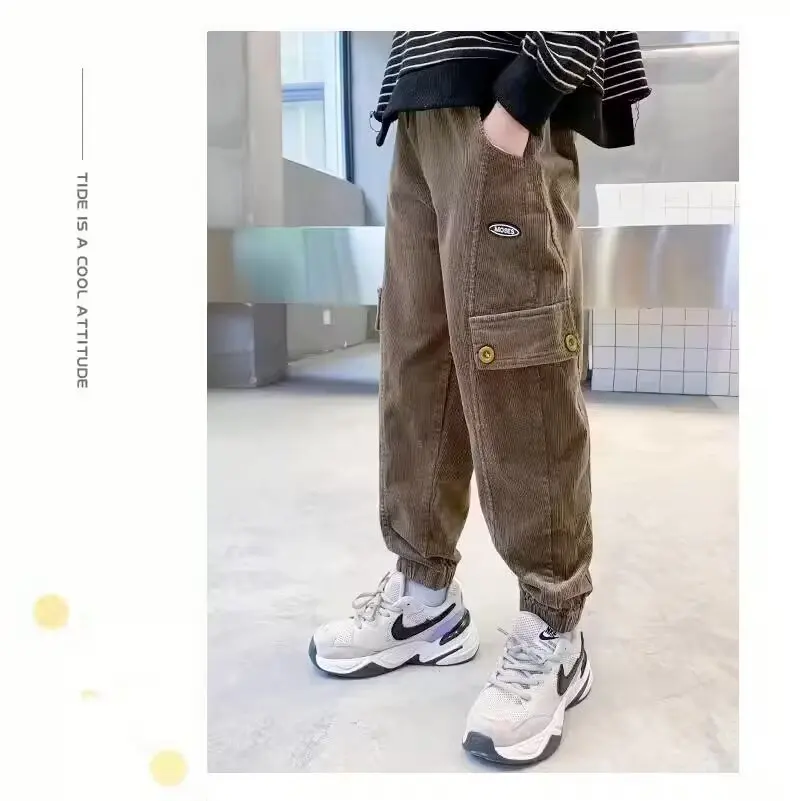 Boys Casual Corduroy Pants Teenage Trousers Kids Hip Hop Joggers Pants High Waist Drawstring Vintage Streetwear Baggy Thicken Sw