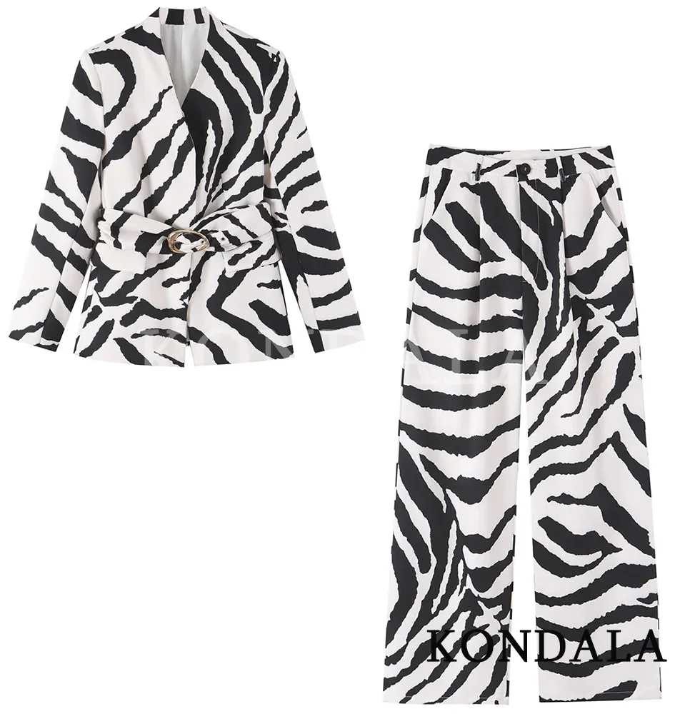 KONDALA Women Fall Trendy Zebra Printed Suit Dinner Party Belt Blazer, Long Pants 2026 Autumn Chic High Street Elegant Pants Set