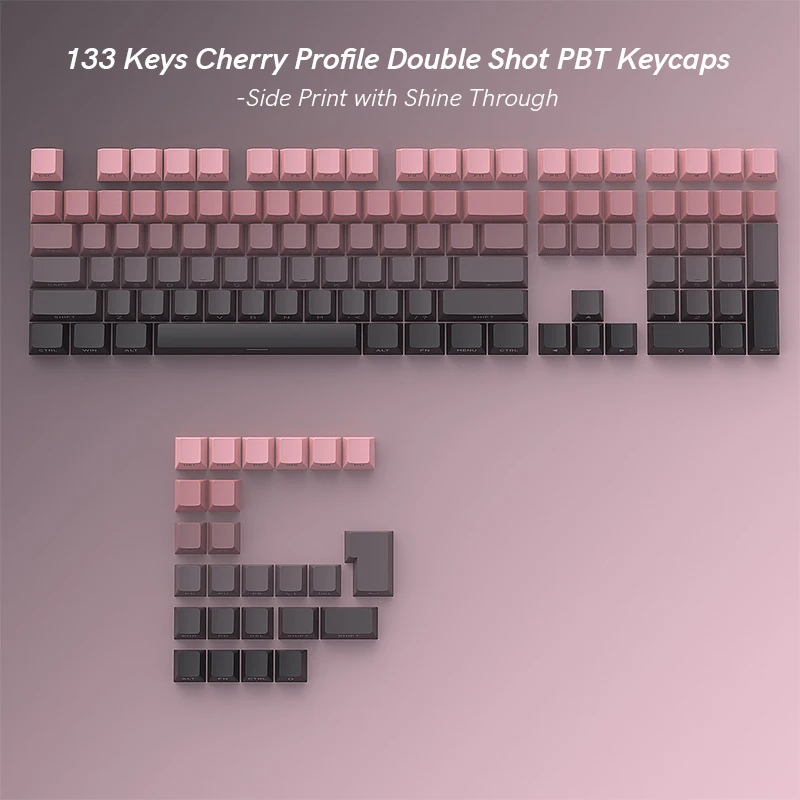 Pink Black Shine Through Side Printed Keycaps Cherry Profile Double Shot PBT Keycaps 133 Keys for Gateron MX Switches Keyboard