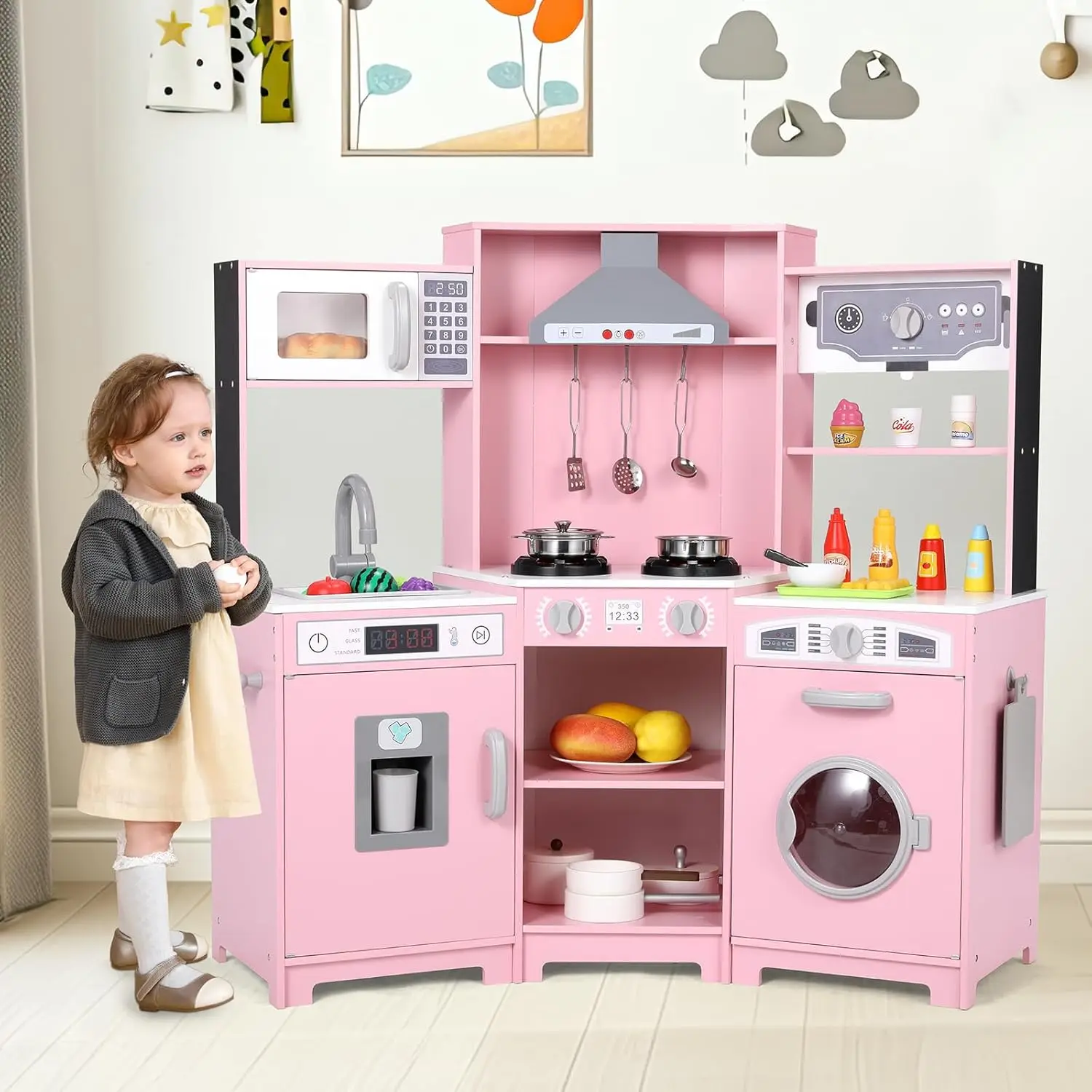 

Corner Play Kitchen for Kids, Wooden Pretend Toy Kitchen, Large Toodler Cooking Playset w/Washer, Range Hood w/Light & Sound