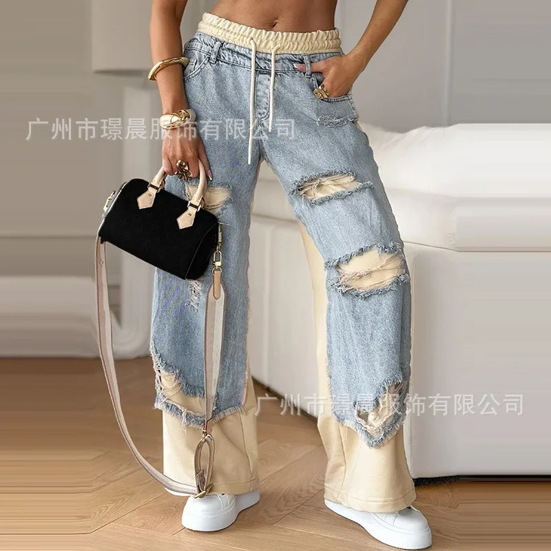 Pantalones vaqueros rasgados de retales callejero para mujer, pantalones vaqueros holgados con cordón y bolsillos de cintura baja, pantalones de pierna recta con cremallera, pantalones informales 2025