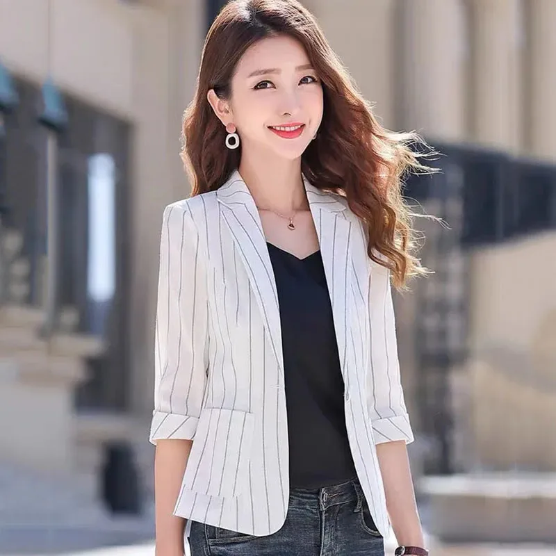 Fashion Korean Three Quarter Sleeve Striped Blazer Women Jacket Casual Ladies Blazers Tops Spring Summer Suit Women Coat 2025New