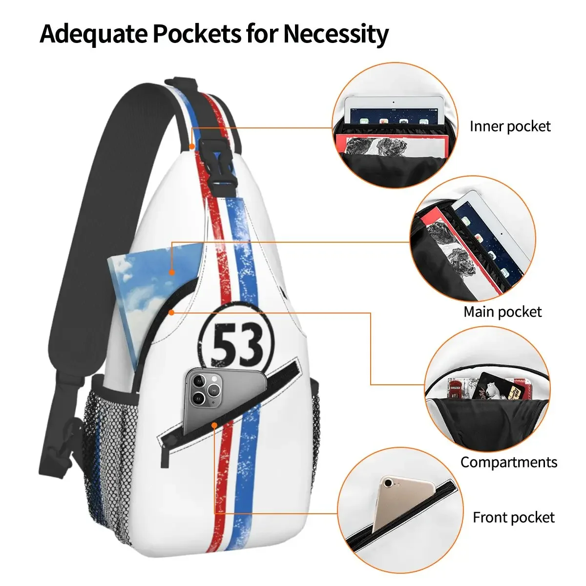 Herbie Number 53 Sling Bag Chest Crossbody Shoulder Backpack Hiking Travel Daypacks Race Car Enthusiasts Stripe Pattern Bookbag