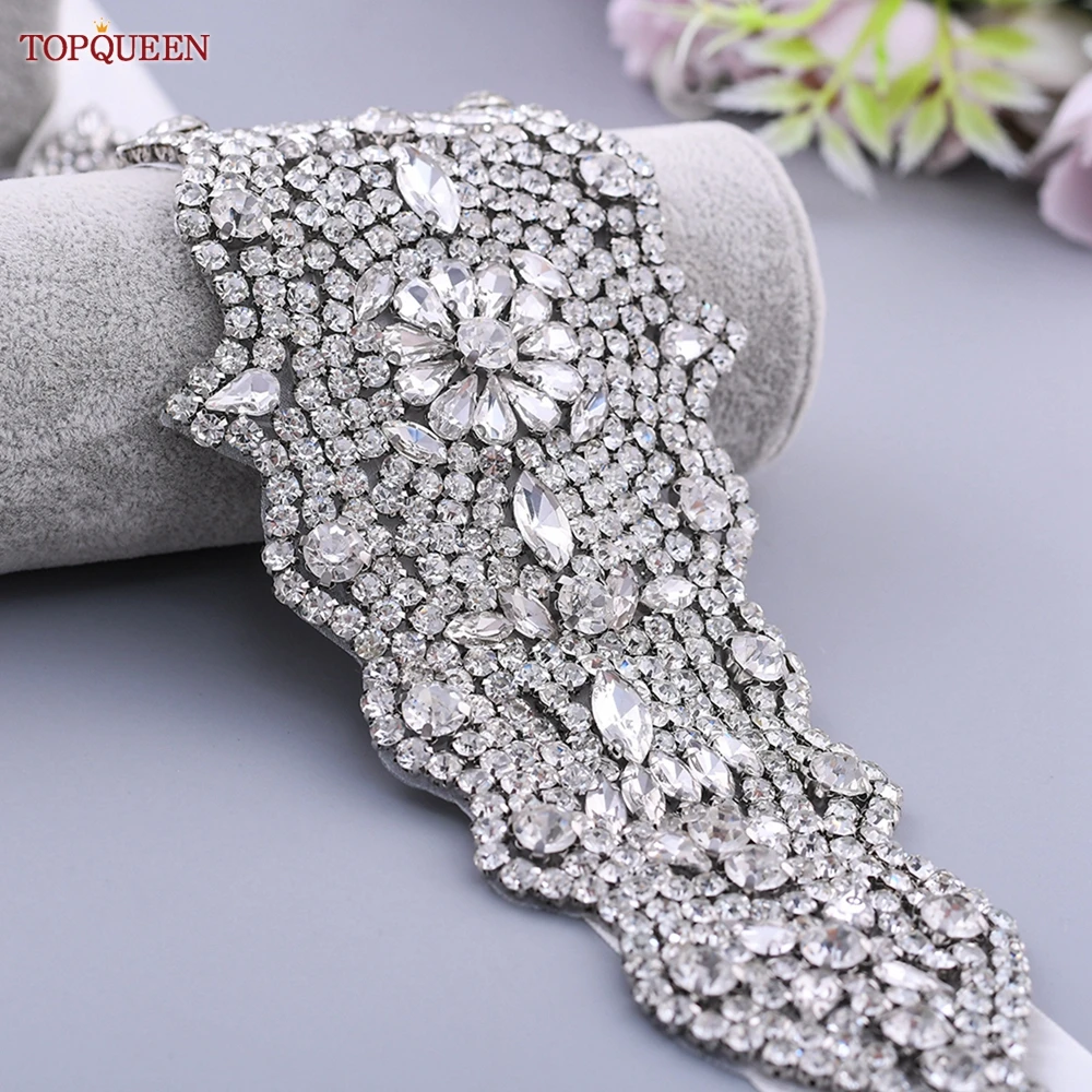 TOPQUEEN S233 Women\'s Belt Bridal with Silver Rhinestones Applique Wedding Dress Gown Sash Decoration Handmade Accessories Shiny