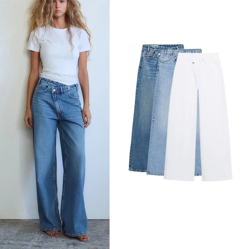 

Новые весенние женские хлопковые широкие джинсы с высокой талией, несколько цветов, повседневные длинные брюки свободного покроя с застежкой-молнией