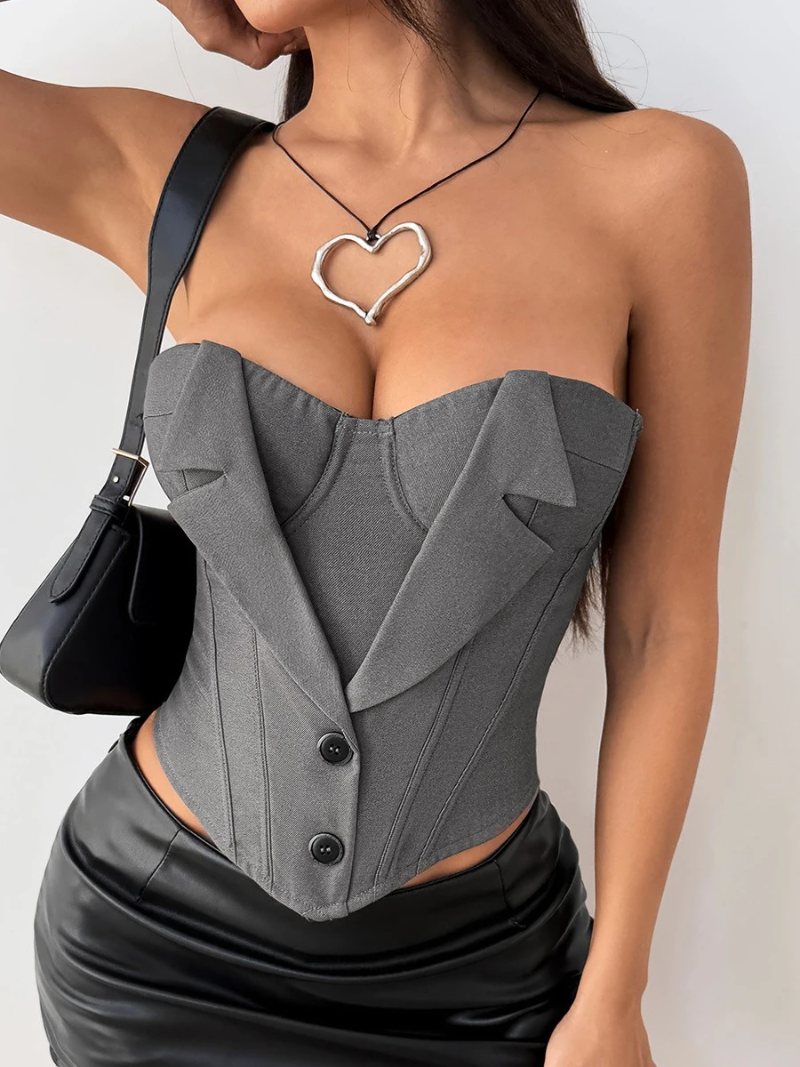 

SsTss Women's Strapless Tube Top New Solid Sleeveless Buttons Decoration One-Piece Crop Top for Y2K Streetwear Female Clothes