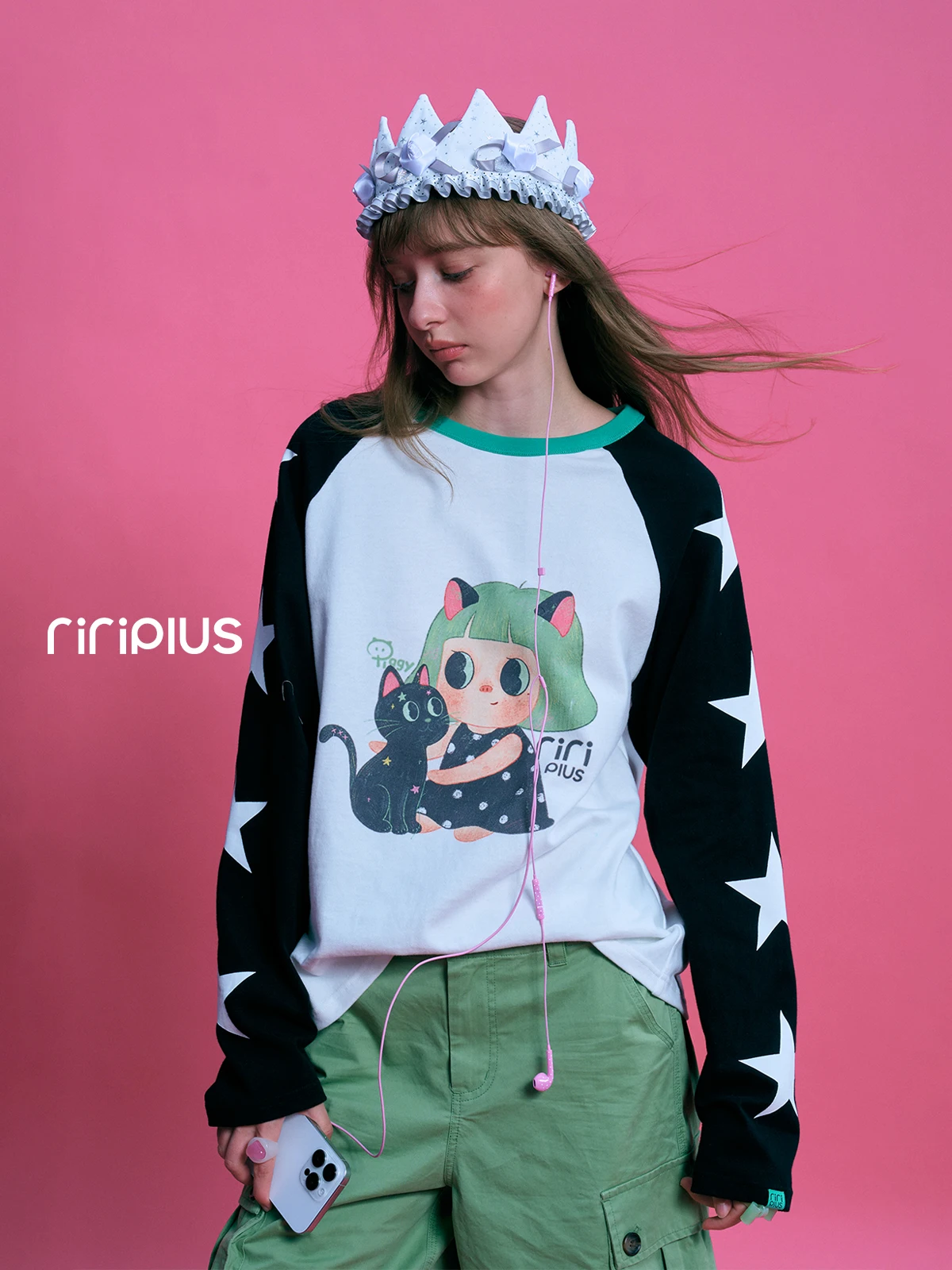 Piggy Girl Collaborative Riverstone plus Star Sleeve Long Sleeve Women's T-shirt Casual Style Universal Fit Loose Cotton Autu...