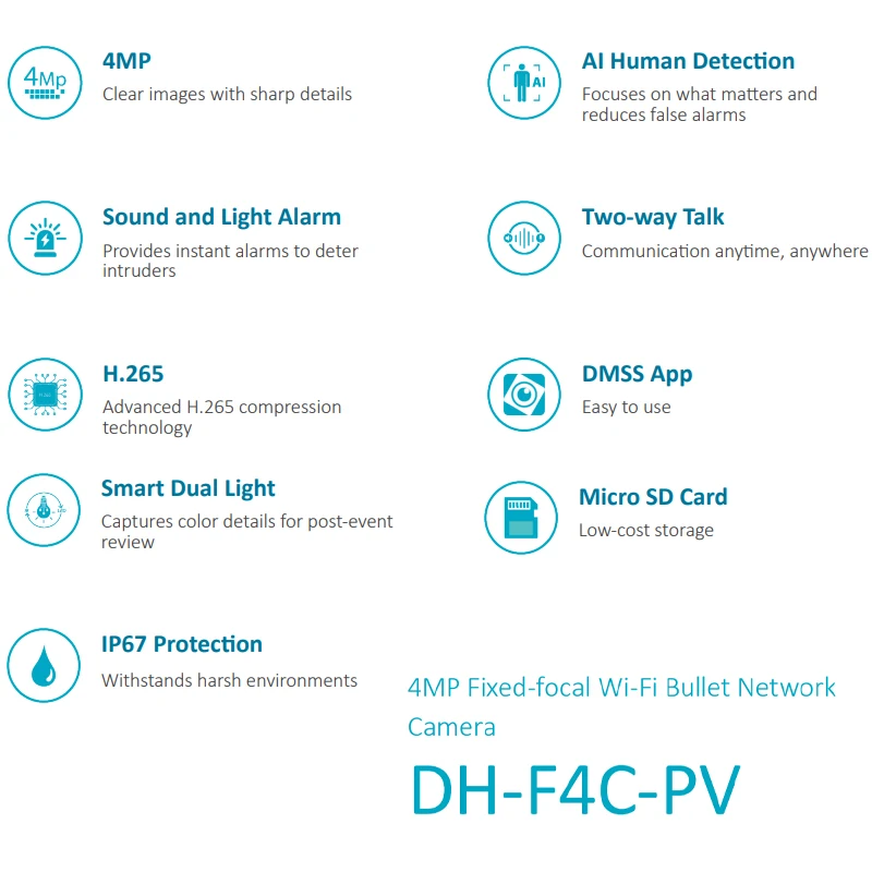 Dahua 4MP Wifi Sound and Light Alarm Camera Outdoor Smart Home Full Color Two-way Talk Security Camera AI Human Detection F4C-PV