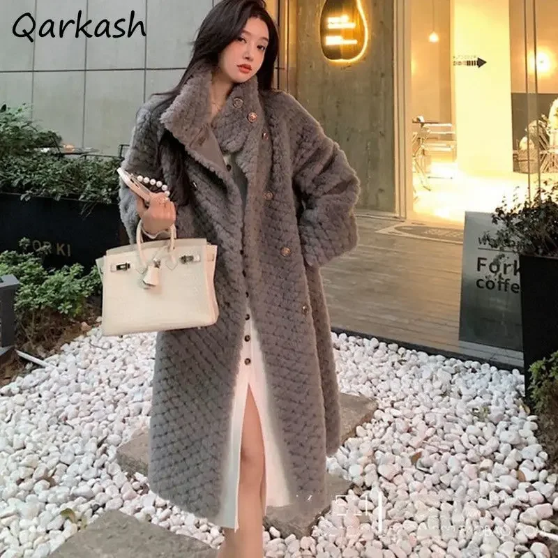 Fashion Blends Women Thicker Lambswool New Autumn Winter Outerwear Wool Coat Argyle Clothes Solid Color Vintage Female Chic