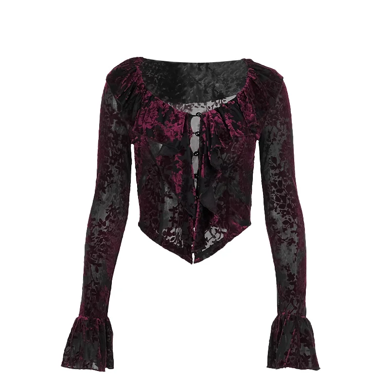 Autumn 2024 New Style Ruffle V-neck Long Sleeve Tops for Women Gothic Vintage Style Sexy Slim Fit T-shirt