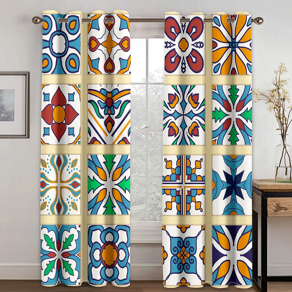 European Bohemian Style Color Grid Print Curtains 2 Panel Moroccan Home Living Room Bedroom Study Window Decoration image 3