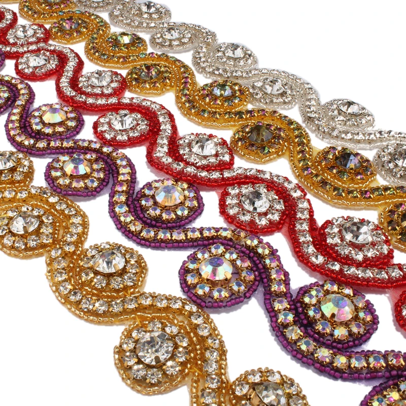 1Yard 3.3cm Fashion Bridal Costume Beaded Dress Trimming Decoration Sew On Base Crystal Rhinestone Applique Trim Accessories