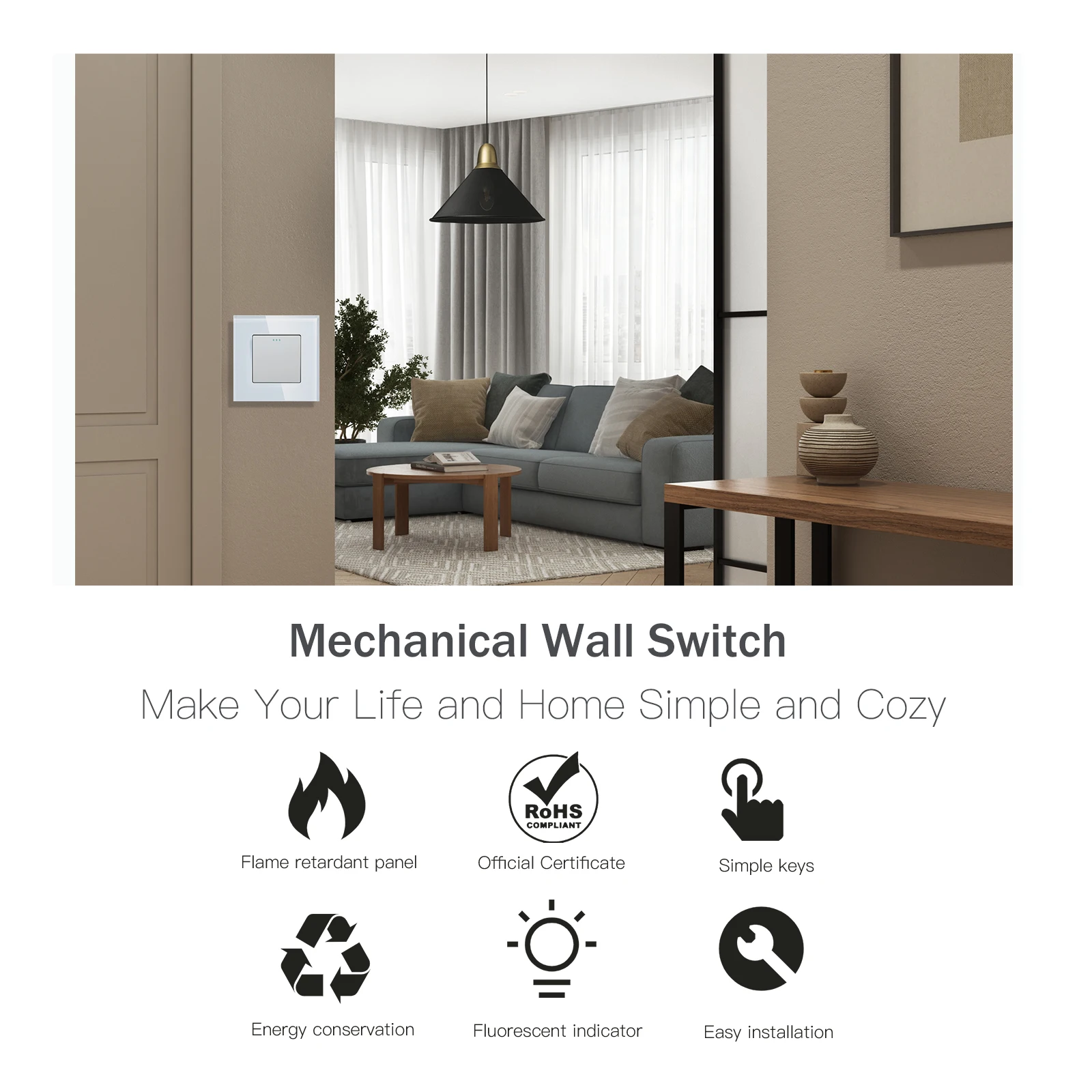 BSEED Mechanical Wall Button Switch 1/2/3Gang 1Way Wall Power Socket Glass Frame USB Type-C Charge Port Home Improvement