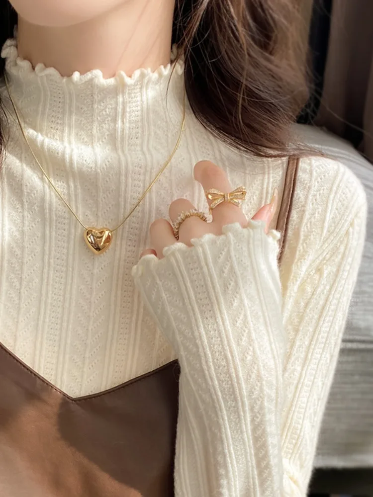 

White Base Layer Shirt Women's 2026 New Autumn Winter Inner Wear High-End Feel Half High Collar Knitted Sweater with Wooden