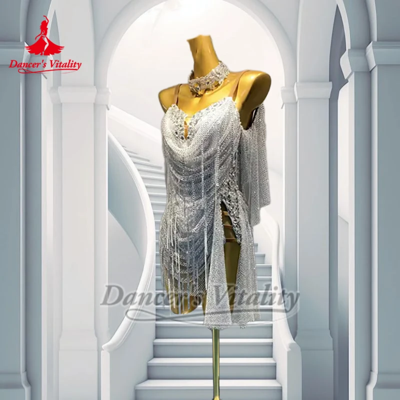 ชุดเดรสตาข่ายประดับพู่ห้อยสไตล์ลาตินเซ็กซี่ พร้อมสร้อยคอ สำหรับนักเต้น ชุดแสดงเต้นชาช่า แซมบ้า ซัลซ่า สำหรับผู้ใหญ่ แบบสลิง รับสั่งตัด