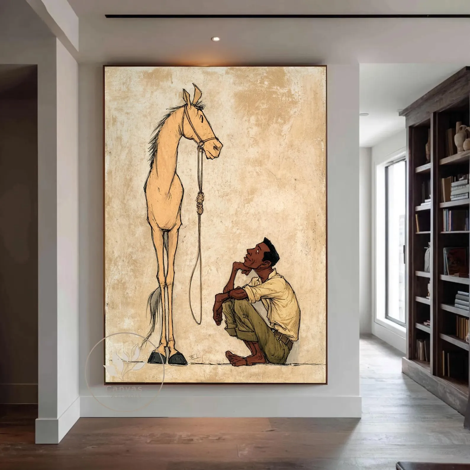 Mhemyo Original Hand-Painted Horse Man Artwork Modern Whimsical Figurative Painting on Canvas Vintage Rustic Wall Home Decor