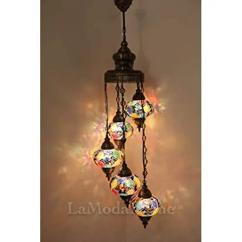 LaModaHome 40 + Unique Colors, 2020 Customizable Chandelier 5 Globes + Free 5 Bulbs, stunning Mosaic Turkish Lamp Moroccan Light