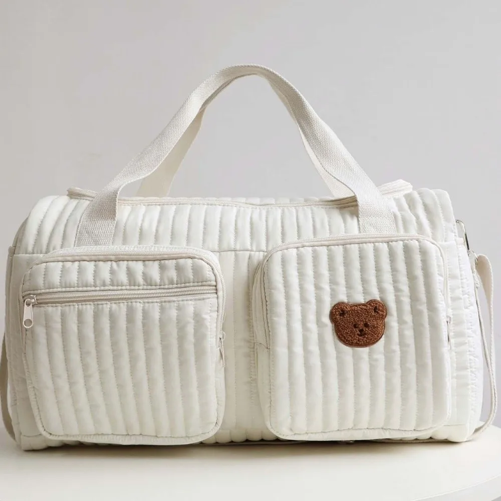 Outing Packet Large Capacity Diaper Organizer Multi-pocket Quilted Cotton Mommy Bag Washable Cute Bear Travel Handbag Toddler