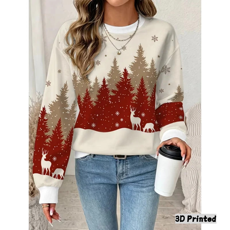 Ladies' autumn and winter long sleeved round neck casual sweatshirt, 3D Christmas element printed party sweatshirt