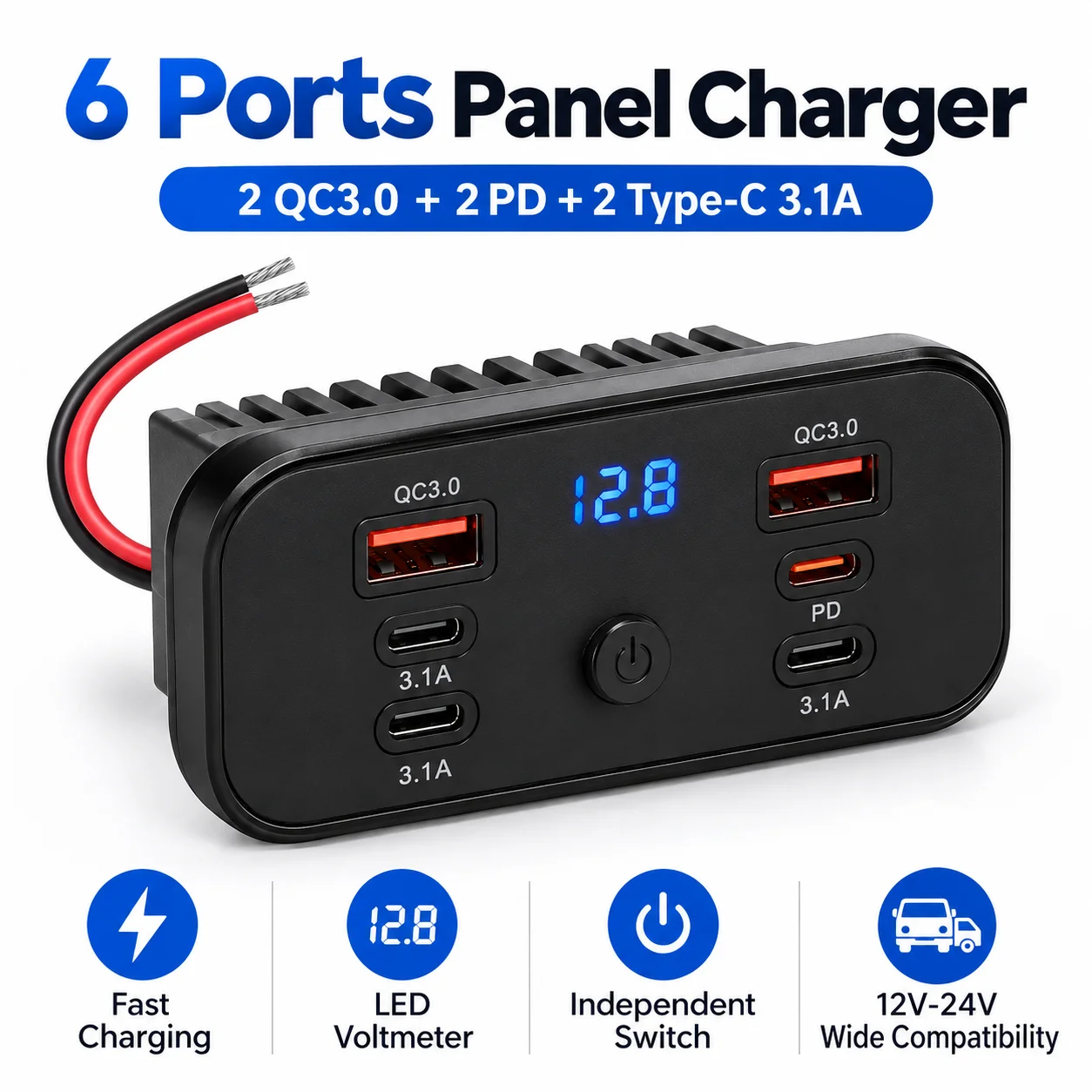 120W PD QC3.0 USB Charger Panel, 3/4/6 Ports, 12V Car Boat ATV Fast Charging Socket