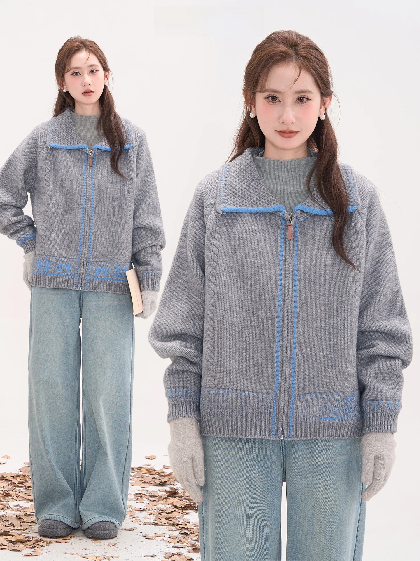 

Soft Cozy Contrast Color Zipper Collar Open Cardigan Sweater Women's Autumn Winter Casual Outerwear Heme Flower Field Window