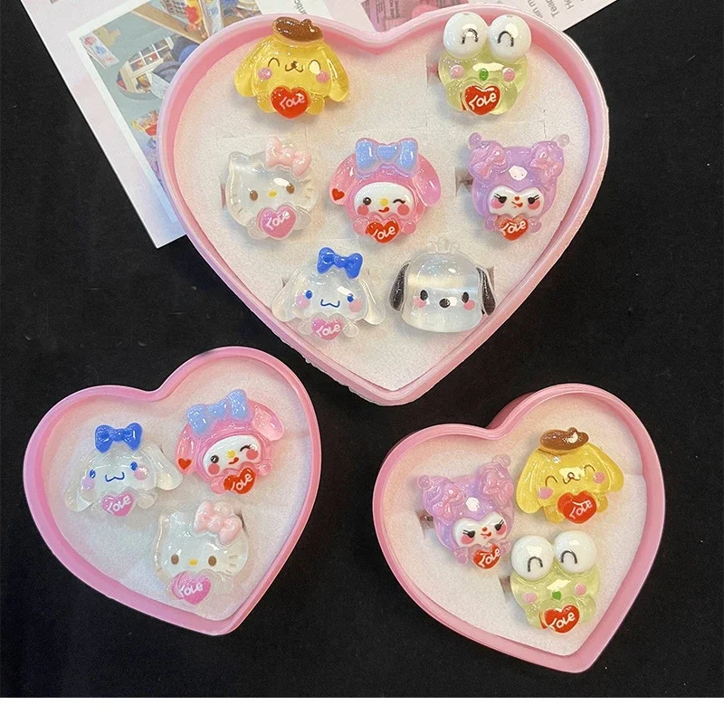 Sanrio Hello Kitty Ring Kuromi My Melody Kawaii Anime Cinnamoroll Open Adjustable RingWith Love Box Girl Heart Decorate Toy Gift