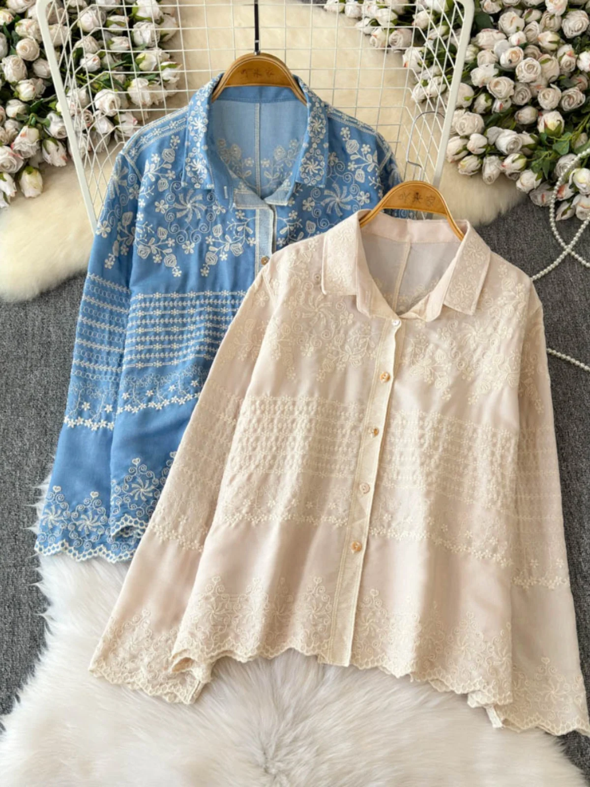 

Autumn Winter Loose Cotton Linen Lace Embroidery Single Button Women's Casual Asymmetrical irt Commute Sle Korean Loose Fit
