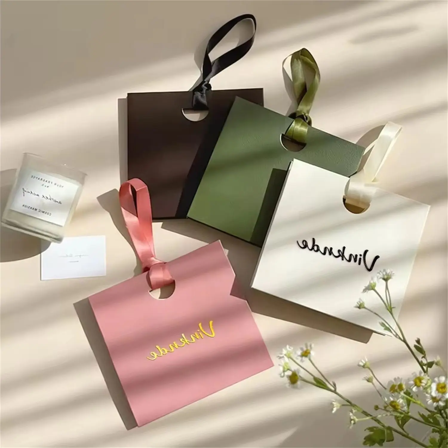 50/80/100pcs Bulk Luxury Ribbon Handle Boutique Jewelry Perfume Shopping Packaging Bags Beige Paper Tote Bags With Your Own Logo