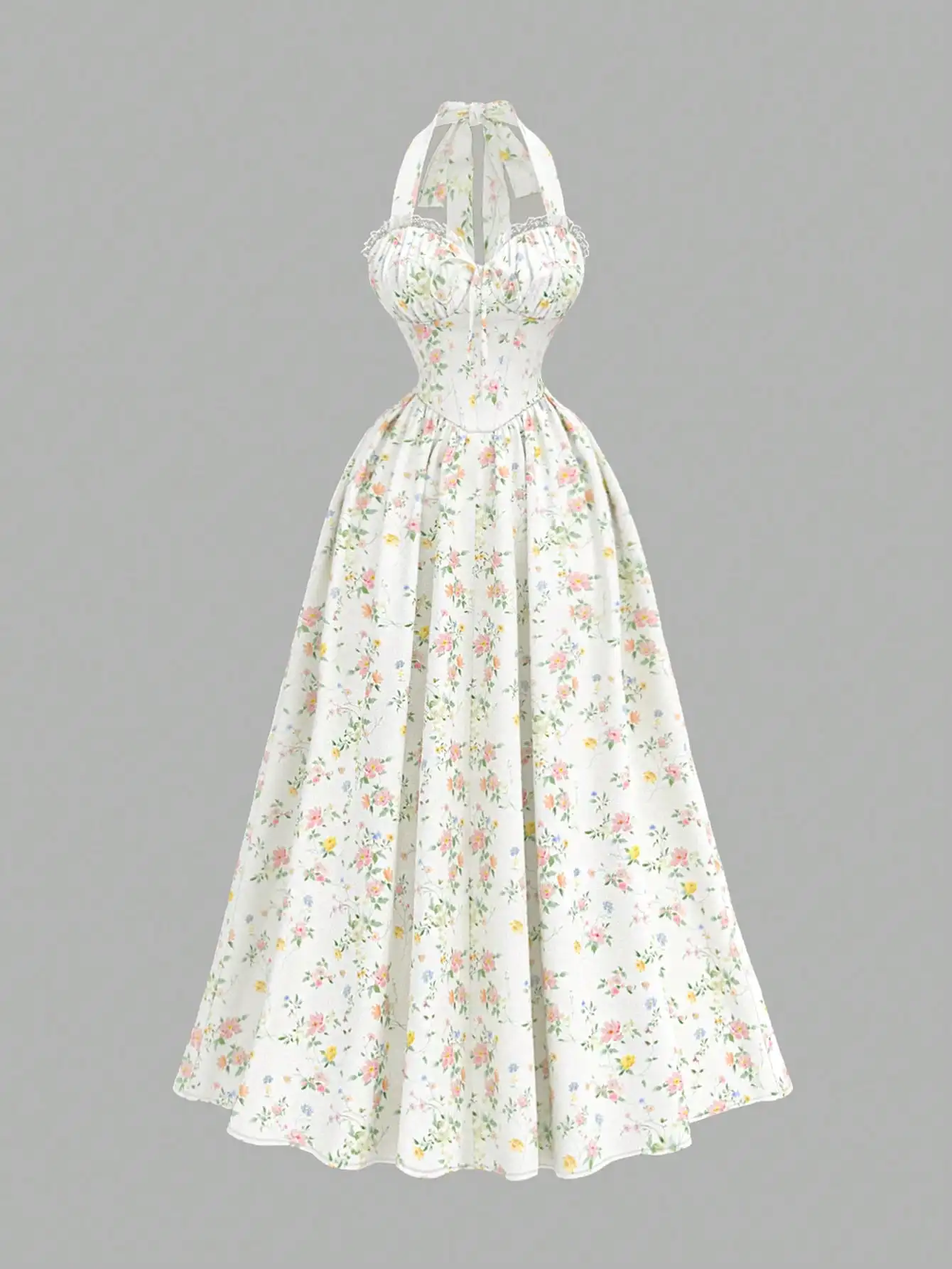 

Элегантное белое платье миди с цветочным принтом, корсетным лифом и плиссированной юбкой А-силуэта для летних чаепитий и пляжного отдыха