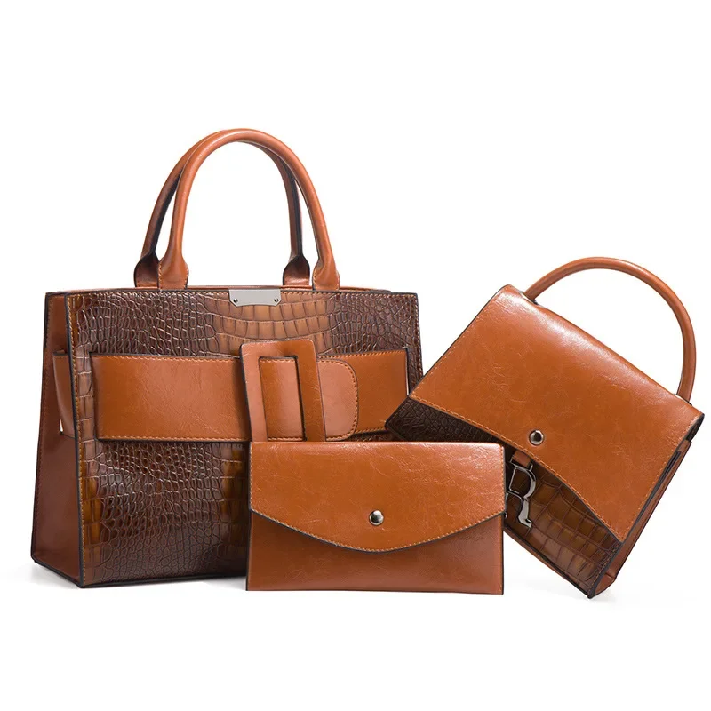 TRAVEASY 2024 PU Leather Classic 3 Pcs Set Box Bag Women Crocodile Pattern Square Buckle Ladies Purses Shoulder Bag and Handbags