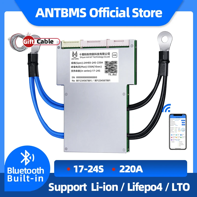 

ANT 17-24S BMS 48V 60V 72V 220A peak 550A Lifepo4 Li-ion 17S 18S 19S 20S 21S 22S 23S Smart BMS for inversor electric motor