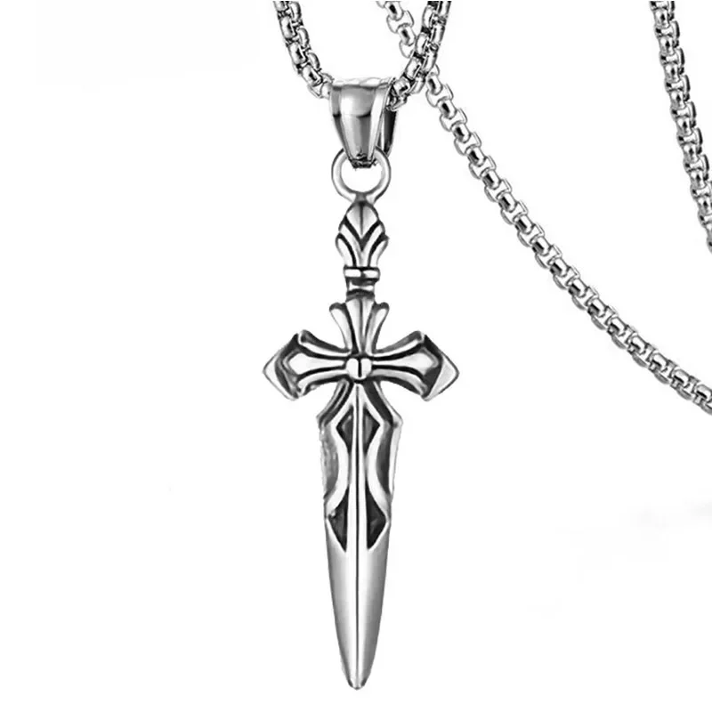 Titanium Steel Crusader Cross Necklace, Black PVD Coated Sword Pendant, Adjustable 60cm Chain, Gothic Gift for Men Women