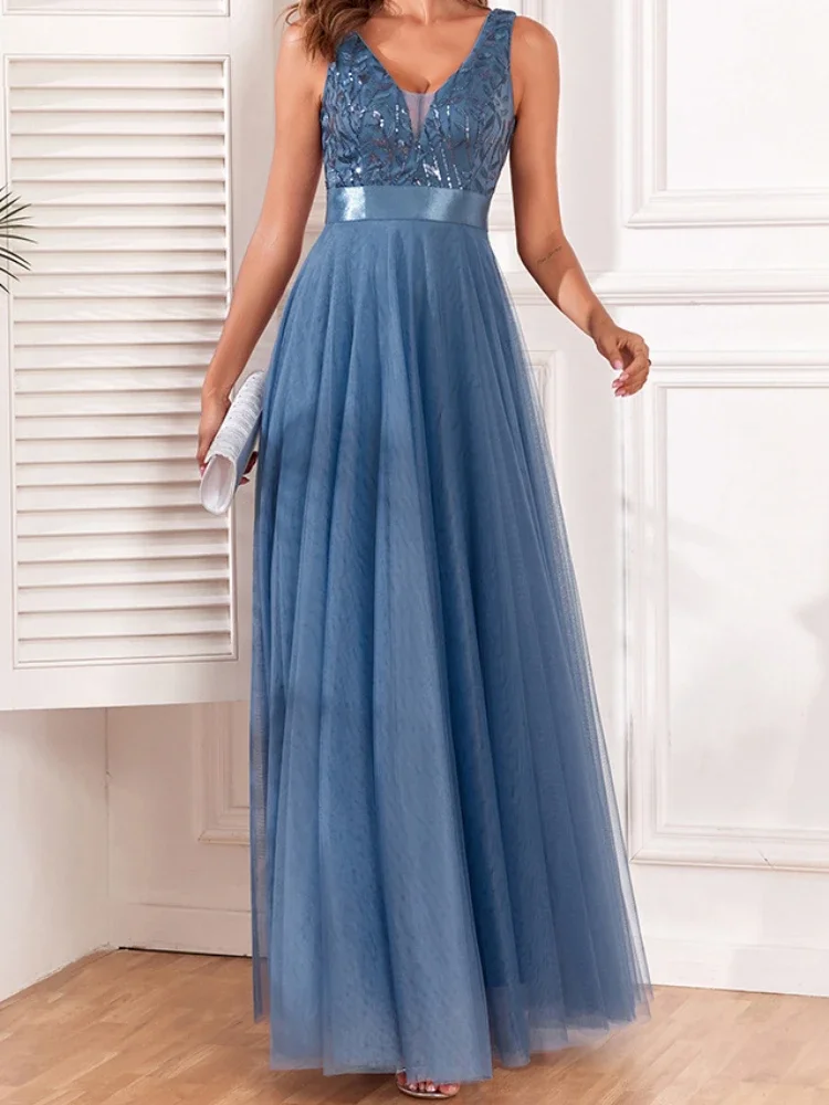 Mesh Dress Women High Waist Long Dresses Party Sleeveless V Neck Elegant Evening Vestidos Gown High Waist Summer Night Wedding