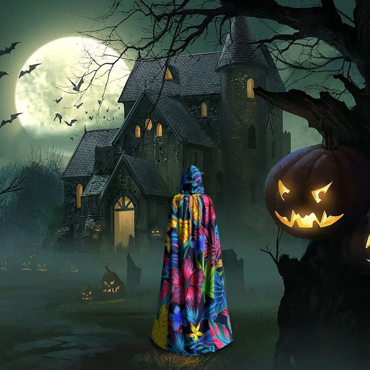 Capa larga con capucha y estampado Floral de flores exóticas en la selva tropical, disfraz Medieval de bruja, capa de Cosplay para fiesta de Halloween, Unisex para adultos