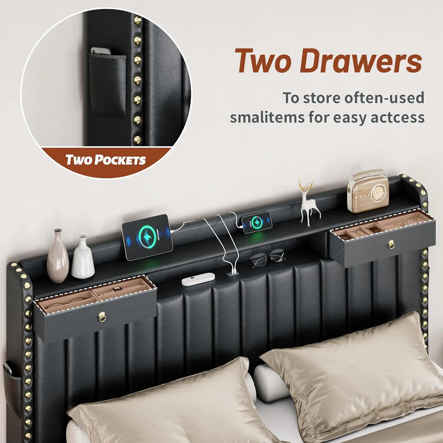King Size Upholstered Bed Frame with 2 Tier Storage Headboard & 4 Drawers USB Type C Ports Solid Wood Slats Noise Free Custom view 3