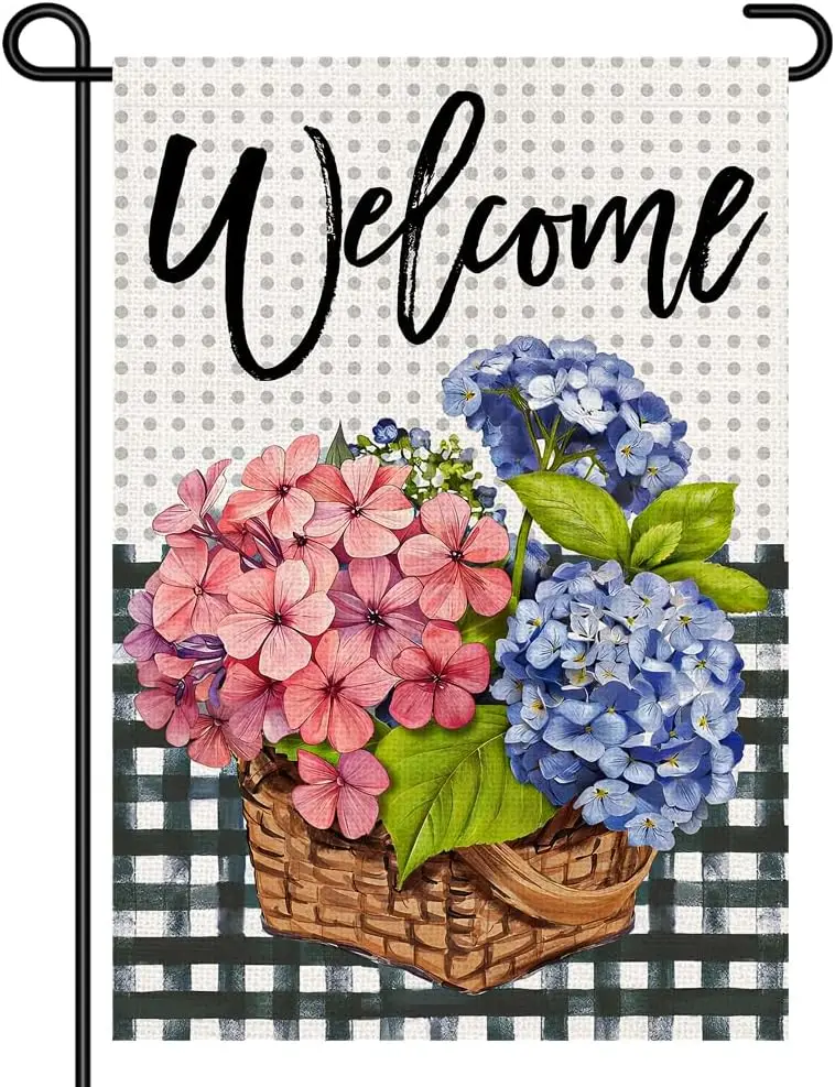 Welcome Garden Flag 12x18 Inch Double Sided Small Yard Sign with Hydrangea Flower Basket, Rustic Gingham Outdoor Porch Lawn  ZZM